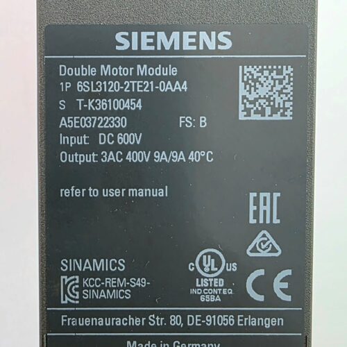 Siemens SINAMICS Double Motor Module 6SL3120-2TE21-0AA4