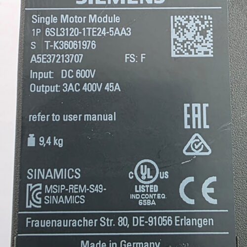 Siemens SINAMICS Single Motor Module 6SL3120-1TE24-5AA3