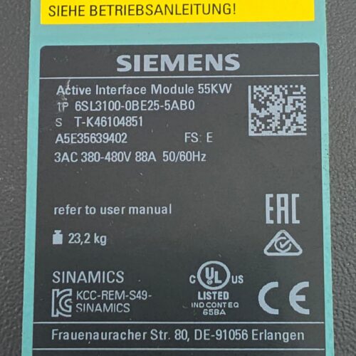 Siemens SINAMICS Active Interface Module 55 kW 6SL3100-0BE25-5AB0